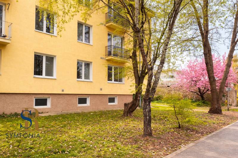 Žltý bytový dom s kvetmi čerešne.png